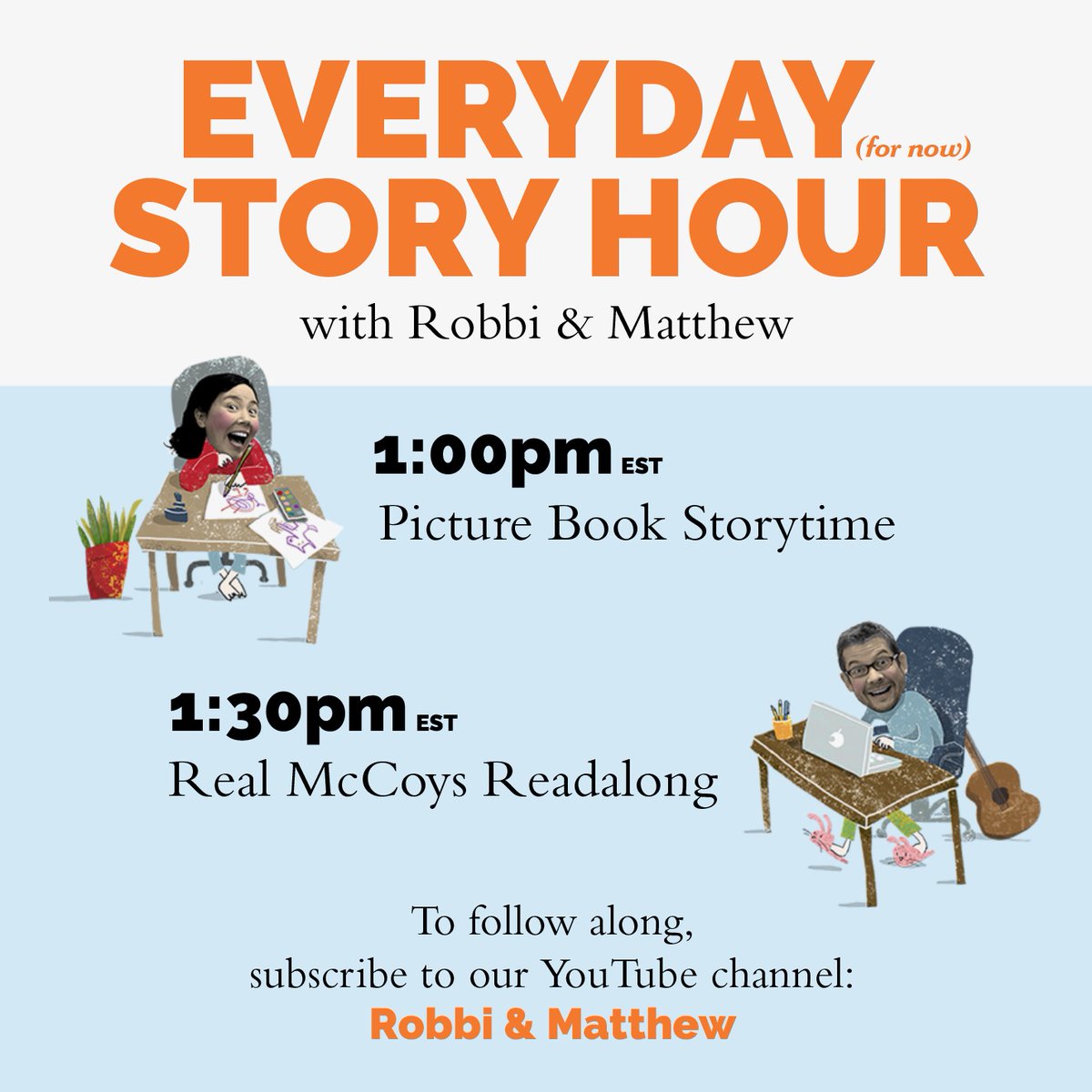 writingmatthew's tweet photo. Librarians, teachers, parents, friends: every afternoon from 1:00-2:00pm EST, @drawingrobbi and I will be reading from our books, talking about creativity, answering questions, and hanging out with our readers. Subscribe to the "Robbi &amp; Matthew"  YouTube channel to follow along. https://t.co/lCMQXbmG4P