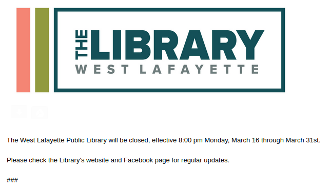 FoWLPL's tweet photo. The @wlpl will be closed the 17th - 31st of March.

Further updates will be available at https://t.co/MBTHBpc6BZ https://t.co/R5g4MBMZGu