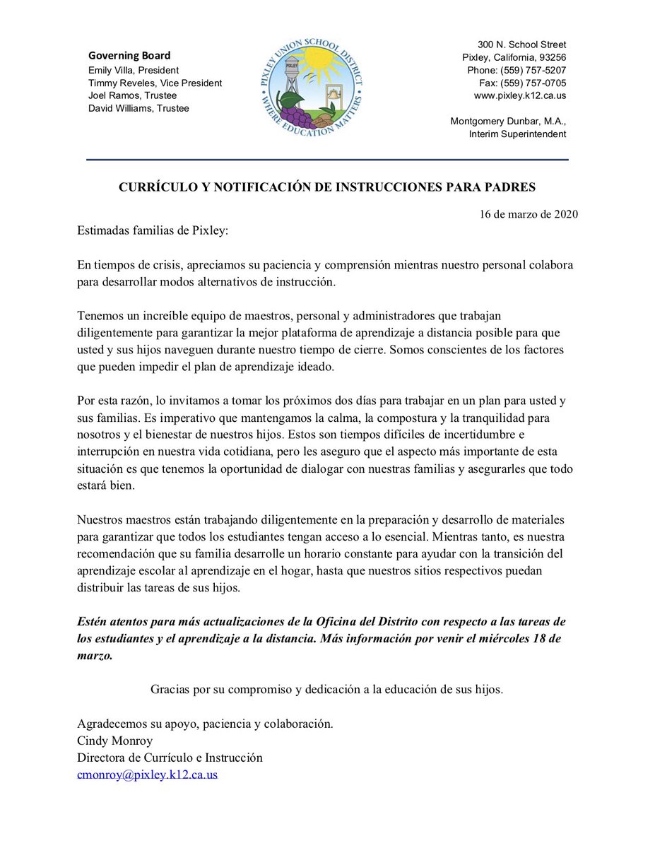 PixleyUSD's tweet photo. Nuestro personal se reunirá y planificara la logística para los próximos días. Planifiquen con sus familias en el hogar, el bienestar social y emocional de sus hijos y su familia es nuestra principal prioridad. Más información sobre el acceso al los materiales educativos pronto. https://t.co/RgJnHBIg7X
