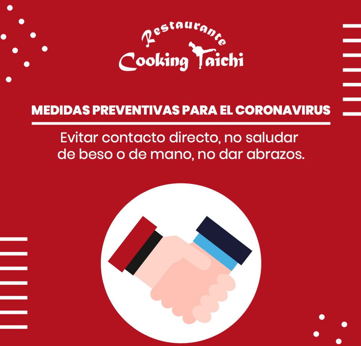 CookingTaichi's tweet image. Estas son algunas de las medidas que tenemos que realizar para prevenir el #CoronaVirus.

¡Recordemos aplicarlas en todo momento!