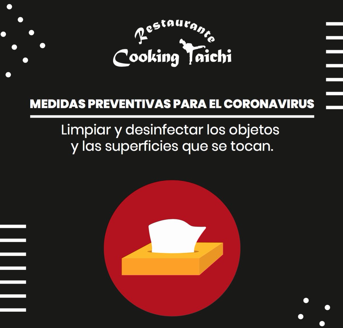 CookingTaichi's tweet image. Estas son algunas de las medidas que tenemos que realizar para prevenir el #CoronaVirus.

¡Recordemos aplicarlas en todo momento!
