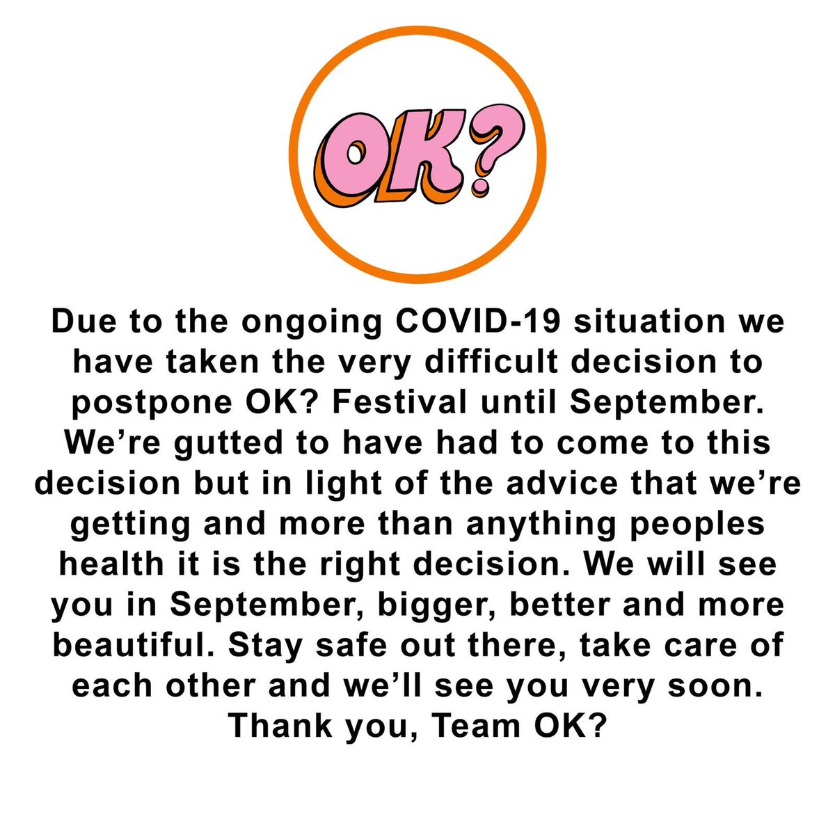 Hi Folks, we have to postpone but tickets will still be valid for new date 💛