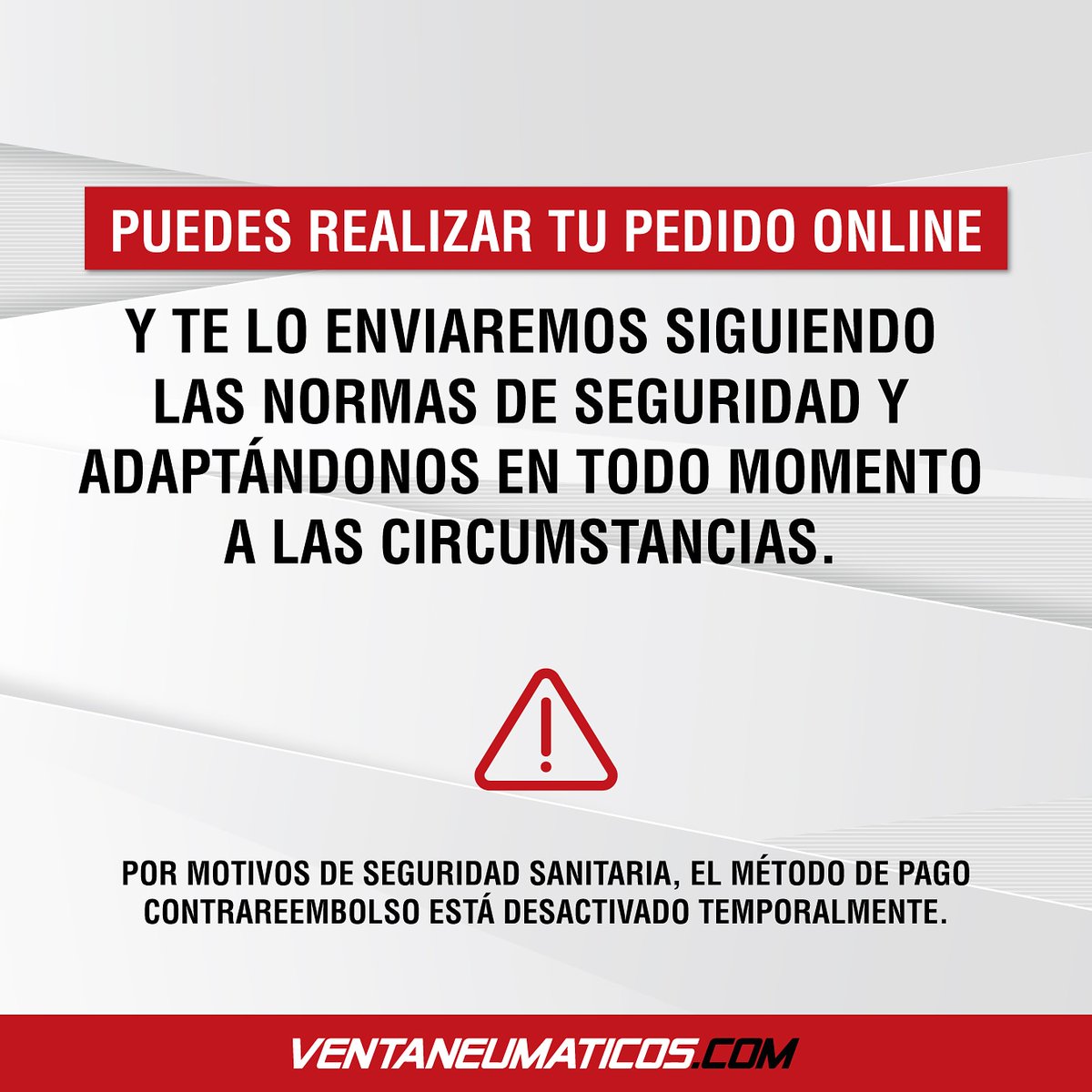 VentaNeumatico's tweet photo. ⚠️Información sobre la situación #covid_19 ⚠️
ℹ️Los pedidos serán entregados siguiendo las más estrictas normas de seguridad y desinfección, nuestros empleados trabajan en turnos individuales. 
Gracias y aprovecha si estás en casa para cambiar los neumáticos 👌👨‍🔧👩‍🔧
#quedateencasa https://t.co/rpH5JW78sE