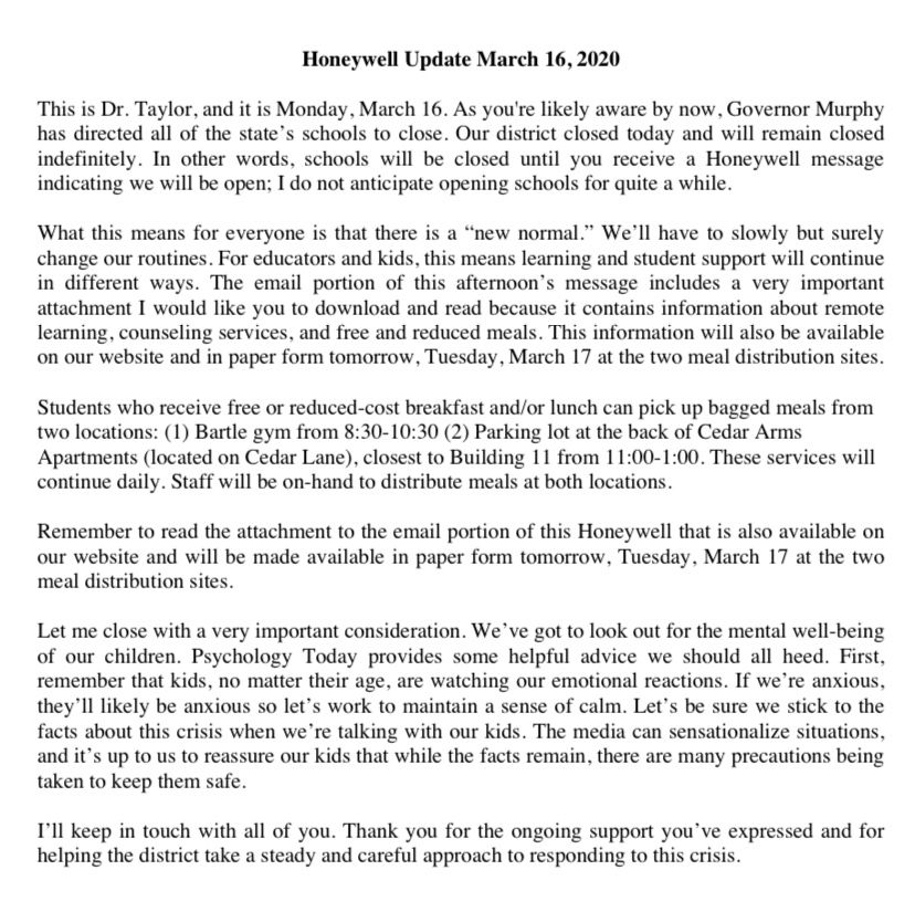 Please make sure you check your email/voicemails for #Covid19Closure updates from Dr. Taylor! Stay safe and healthy! #AllInHP #ProudOfOurHPPublicSchools #ThankYouEducators #BeKindToOneAnother