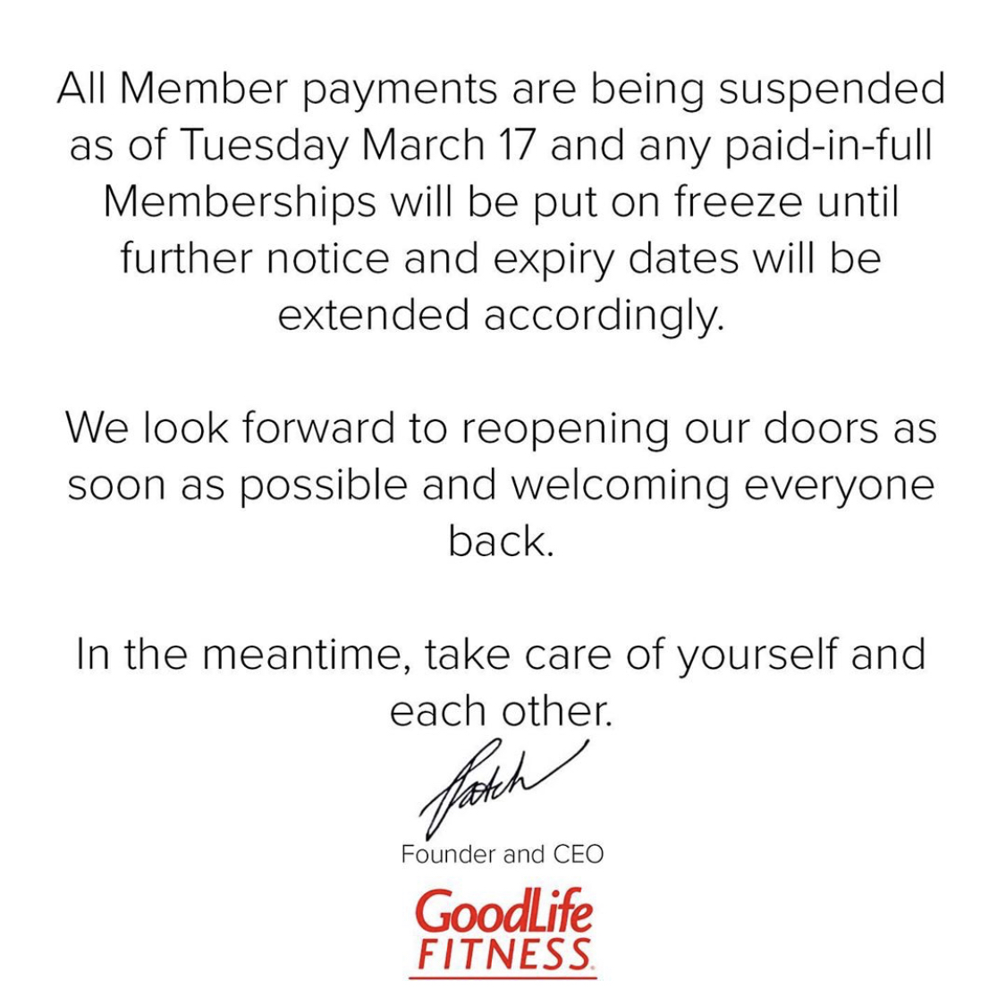 SuzyKendrick's tweet photo. An amazing act of solidarity by @GoodLifeFitness's senior leaders - sacrificing so we can do our part to give nurses, doctors and hospitals a fighting chance while continuing to support our team. I am so proud to work for this company. #healthobsessed #fitnessfuelled ♥️🇨🇦 https://t.co/eTcyDQTO9q
