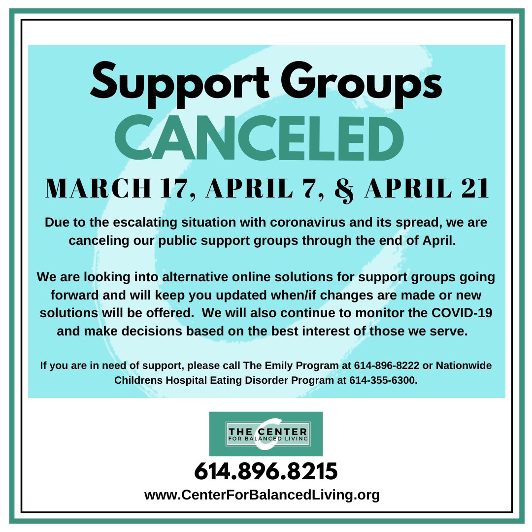 TheCenterCbus's tweet photo. Support groups this month and next will unfortunately be canceled due to the spread of COVID-19.  Please call 614-896-8215 for any questions or concerns.  

We will keep you updated on any changes with regard to support group. https://t.co/NKFlQBZkhu