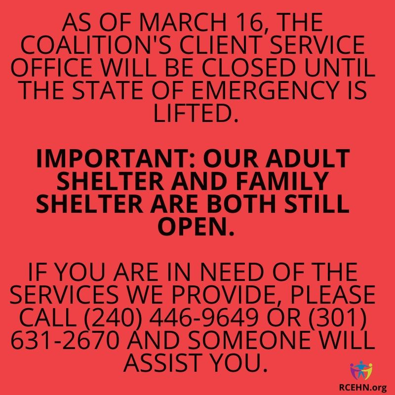 RCEHN's tweet photo. Due to #COVID2019, our Client Service Office will be closed effective Monday, March 16th. Our APL adult shelter and our family shelter ARE BOTH STILL OPEN AND OPERATIONAL. 

Please consider donating to help the homeless in this difficult time: https://t.co/0l9ybcCF9l https://t.co/jUDzbYh3yJ