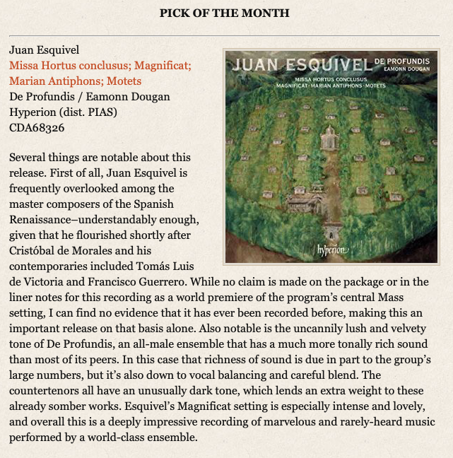 PIAS_USA's tweet photo. Congrats @dpchoir and @ejdougan on a gorgeous recording of Juan Esquivel @hyperionrecords #CDoftheMonth | #CDHotList wrights, "a deeply impressive recording of marvelous and rarely-heard music performed by a world-class ensemble." #Renaissance #polyphony https://t.co/64GXLkotAf https://t.co/iPEFW4akm5