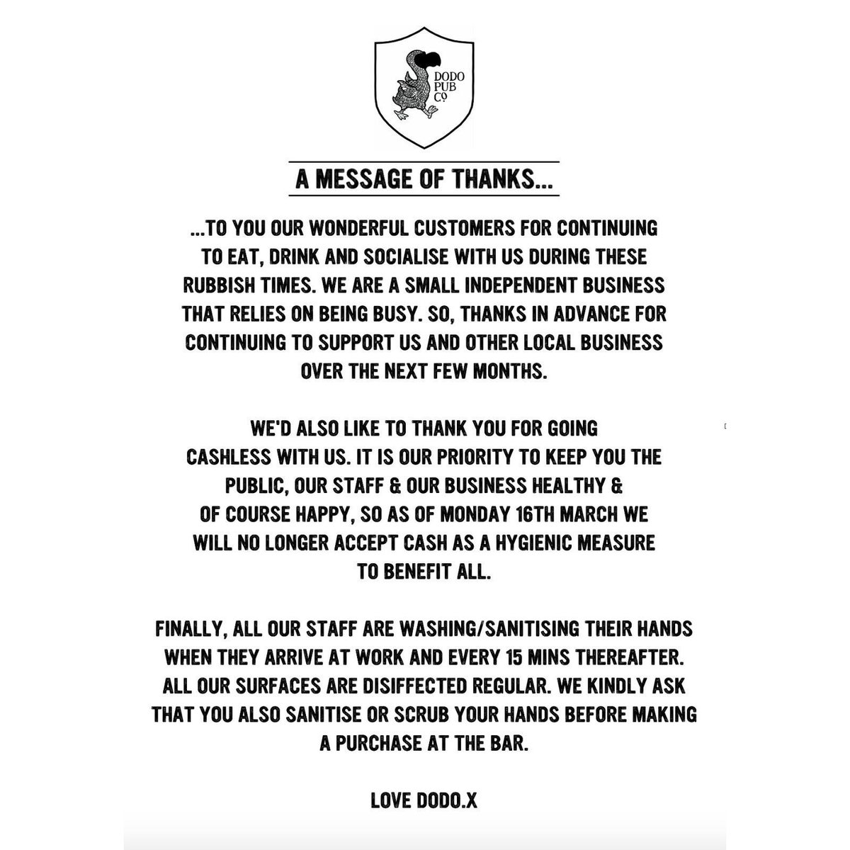 Thank you for supporting Dodo ❤️ We have every intention of staying open and continuing to provide a safe and healthy community space for you to enjoy. Sign up to our newsletter for up to date info as we move forward or check out our blog post at dodopubs.com