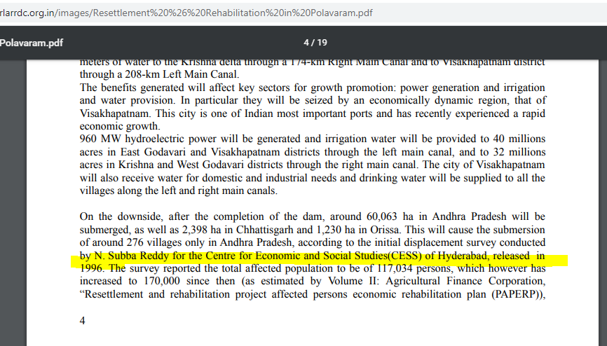 Sources:1985-DPR http://sakti.in/godavaribasin/indira-ICad.htm http://sakti.in/database-on-godavari-basin/104-indira-sagar-polavaram-project/204-detailed-report-on-polavaram-project-prepared-during-19851986-Project cost: https://irrigationap.cgg.gov.in/wrd/static/approjects/polavaramnew.html1996-CESS Hyd, R&R survey http://nirdprojms.in/index.php/jrd/article/viewFile/93359/69185 (page#4) http://rlarrdc.org.in/images/Resettlement%20%26%20Rehabilitation%20in%20Polavaram.pdf (page#4)