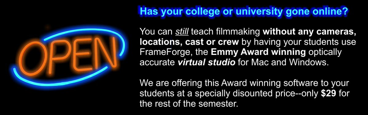 FrameForge's tweet image. FrameForge supports film &amp;amp; media programs forced to go to virtual/remote teaching with an additional 50% off our already low EDU Pricing -- now only $29.99/student for 3 months of access to our award winning virtual film studio.  bit.ly/ff-covid19