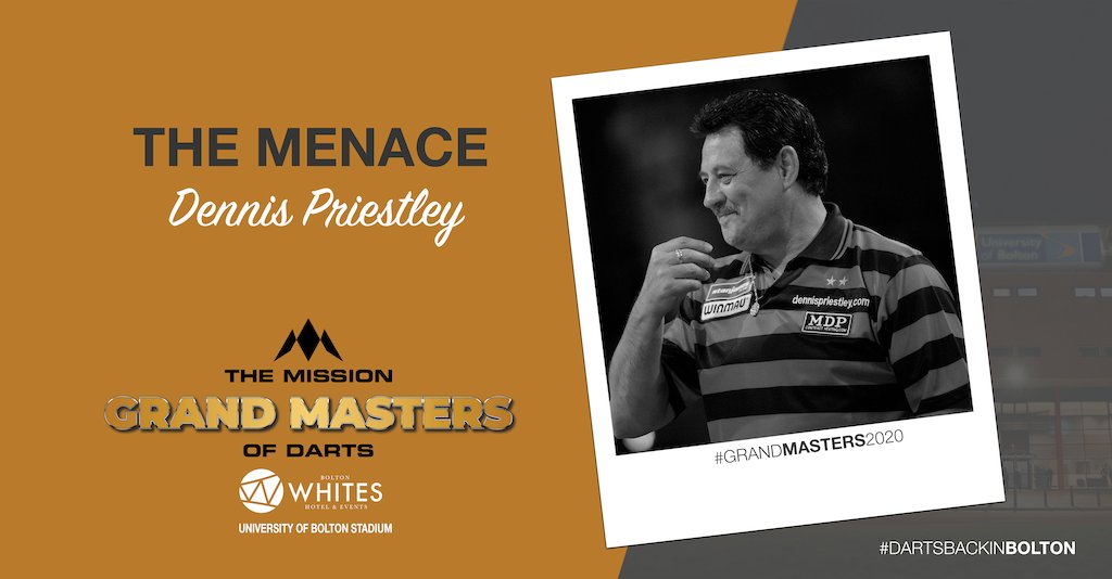 He is distinctive, mischievous, devilish, methodical and a 2 times World Champion 🏆🏆

'THE MENACE'
<a href="/denpriestley180/">Dennis Priestley</a> 

Website: grandmastersdarts.com

MAIN EVENT SPONSOR:
@MissionDars <a href="/DartsCorner/">Darts Corner</a> 

#GRANDMASTERS2020 #ERICBRISTOWMEMORIALCUP #DARTSPARTY
@BoltonWhitesHtl