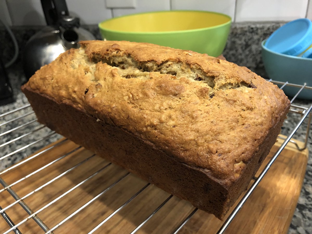 Banana, bran, chocolate chip bread with walnuts.