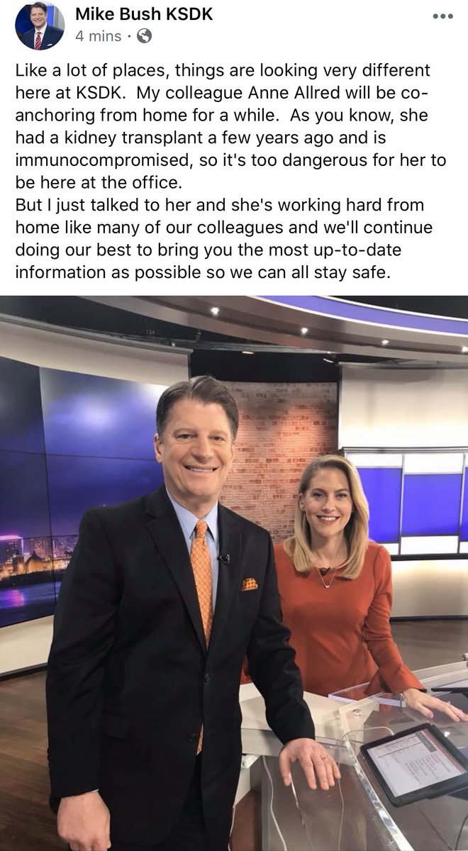 Happy to see @ksdknews doing the right thing and letting @AnneAllredNBC co-anchor from home. (@mikebushksdk on Facebook)
