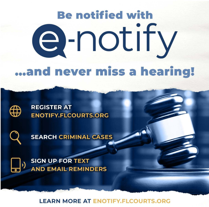 pascoclerk's tweet image. With @flcourts maneuvering to avoid worst of #COVID19, there never was a better time for #eNotify. Hearings/trials are on the move. Register for text and/or email alerts about calendar events important to you: enotify.flcourts.org. @TheFlaBar @FloridaClerks @Florida_Courts