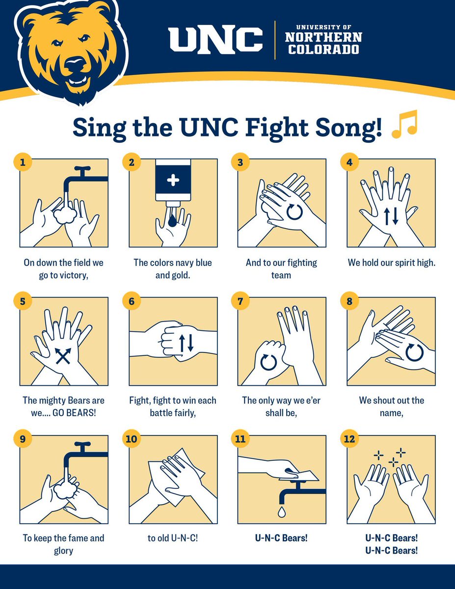UNC_Colorado's tweet image. Washing your hands with soap for at least 20 seconds is one of your best defenses against the coronavirus ( #COVID19). Here’s a fun, catchy way to wash your hands while showing Bear Pride 🐻! Download PDF: bit.ly/2IObW4T #UNCBears #handwashing #handwashingsongs