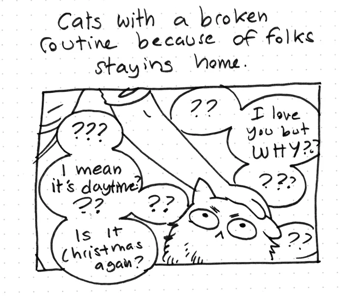 People are tweeting that their pets are kinda loosing their mind because they are home due to the quarantine (my own cats are really happy / confused because my husband is home) so I drew this. 