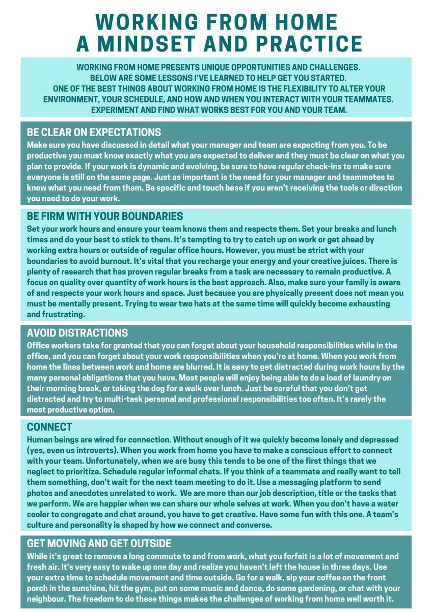 I put this together today for my team that is suddenly working F/T from home. There's a lot of dos and don'ts about WFM and it can get overwhelming. This is my personal advice after working remotely for years. I thought it might be helpful for some of you.#remotework