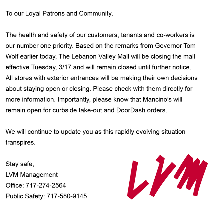 lbvmall's tweet photo. Things are changing quickly! We will continue to monitor guidelines and post updates as we get them. Thank you for your understanding. https://t.co/JWPTj9ie6s