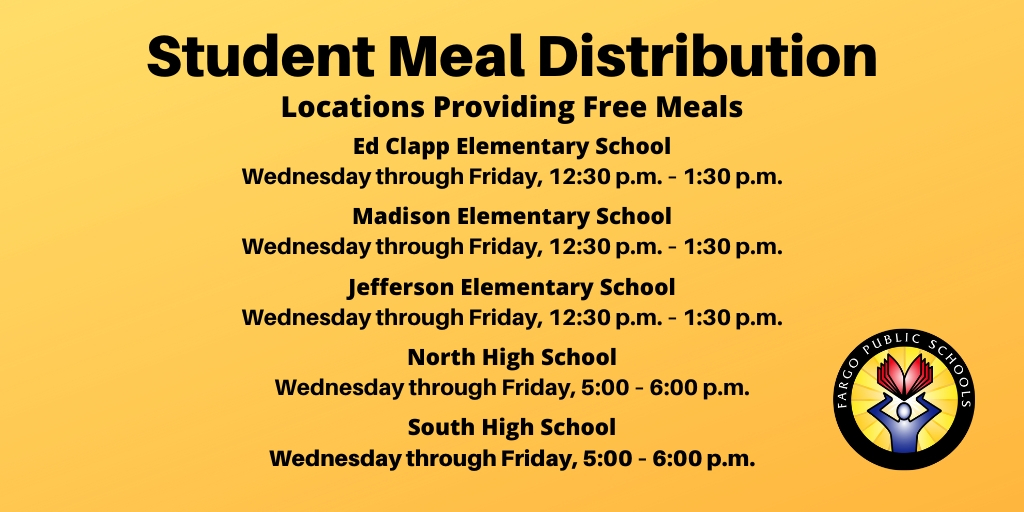FargoNDSchools's tweet photo. March 18 through March 20, FPS will provide free meals for children due to the current school closure.  Meals will be provided using a drive-through or walk-up meal pick-up process at certain school sites in Fargo. https://t.co/Qfxvcz0ToG https://t.co/b2zuNiN7Lf