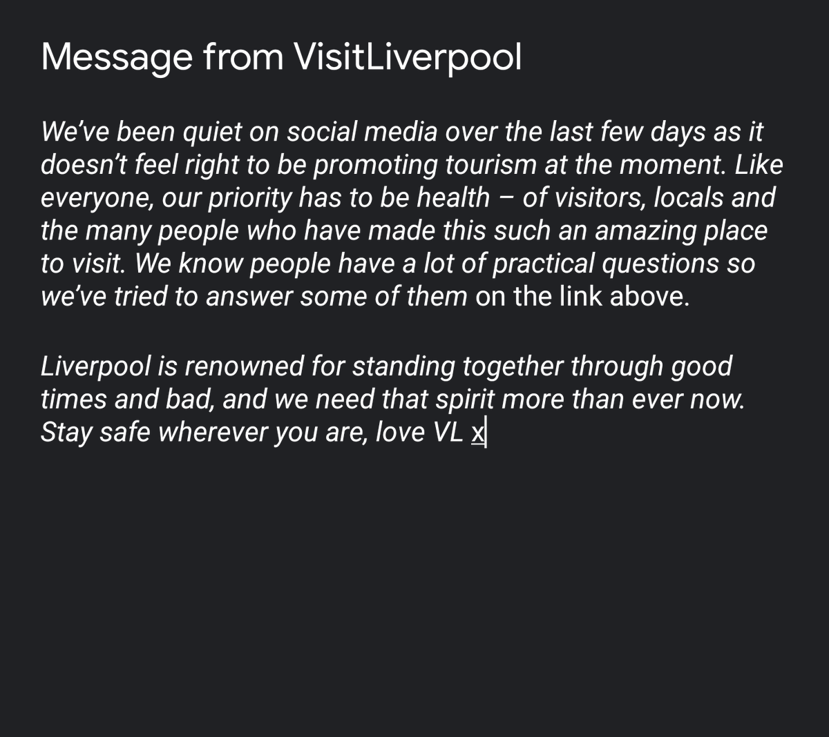 A message from VL for all of our followers 

#covidー19uk

visitliverpool.com/blog/read/2020…