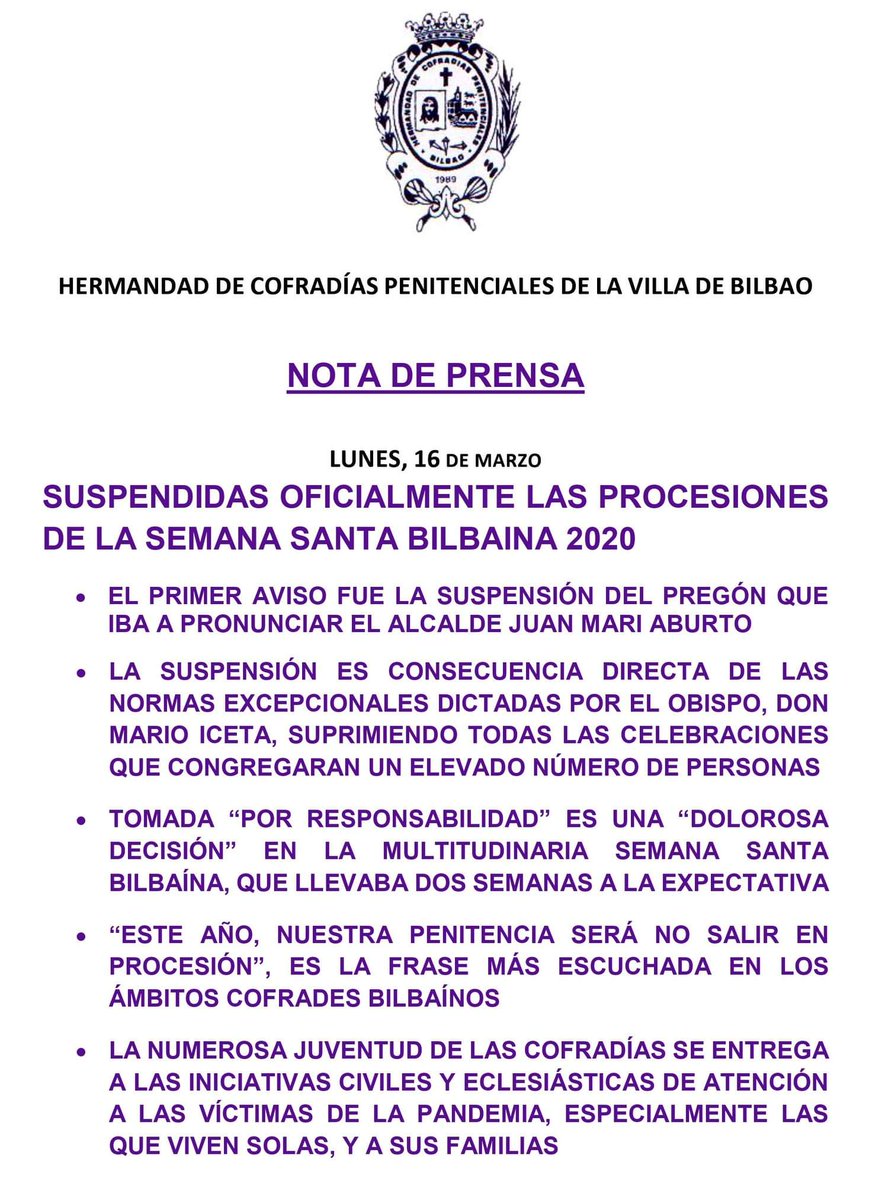 VeraCruzBilbao's tweet photo. Comunicado oficial de la Hermandad de Cofradías Penitenciales de la Villa de Bilbao, suspendiendo la Procesiones de la Semana Santa de 2020. https://t.co/OiR6sgPqRC