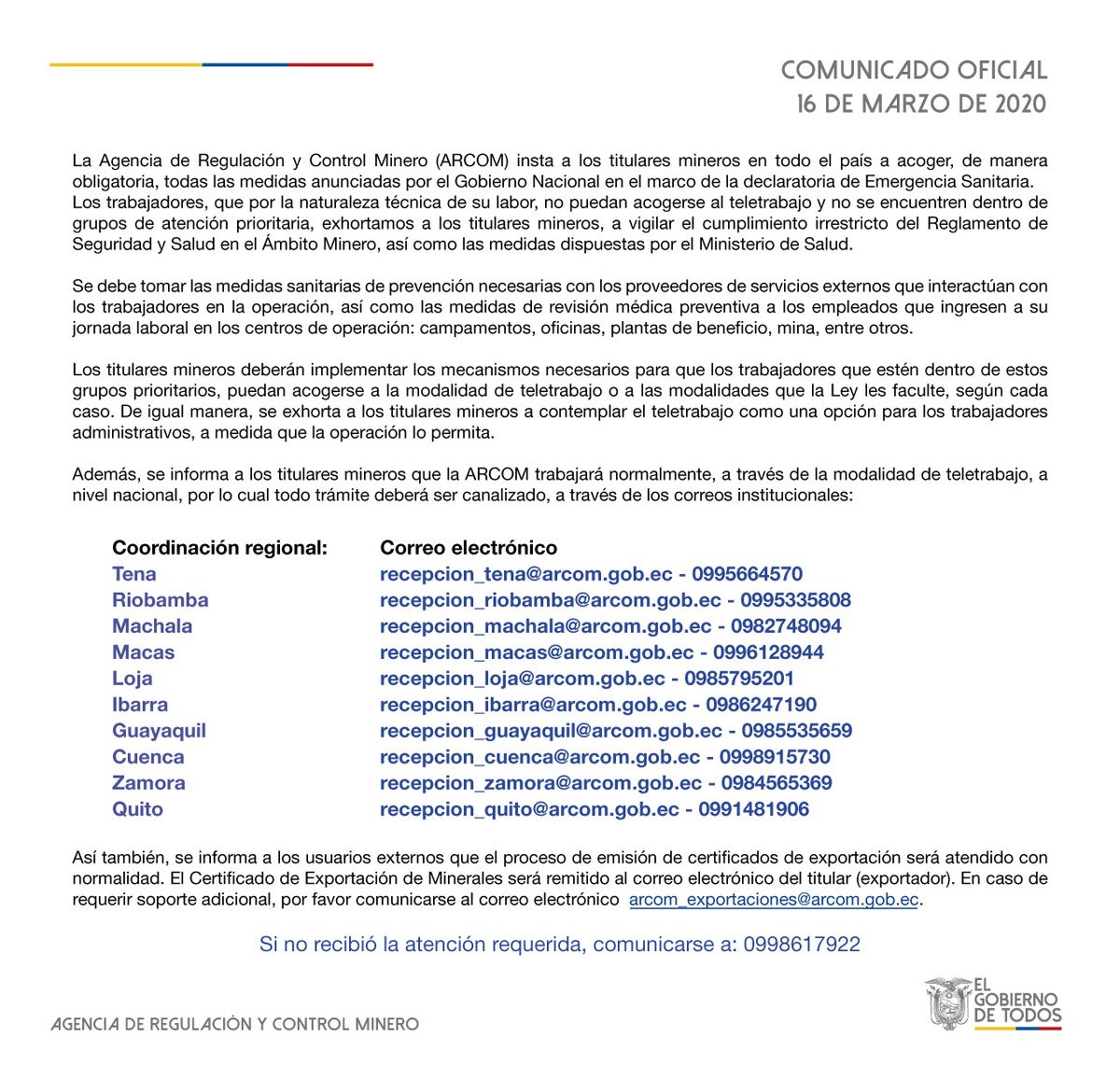 #ComunicadoOficial| La ARCOM insta a los titulares mineros del país a cumplir de manera irrestricta las disposiciones del Gobierno Nacional; y pone a disposición canales electrónicos para la atención de trámites. #PrevenciónEsSalud #QuédateEnCasa