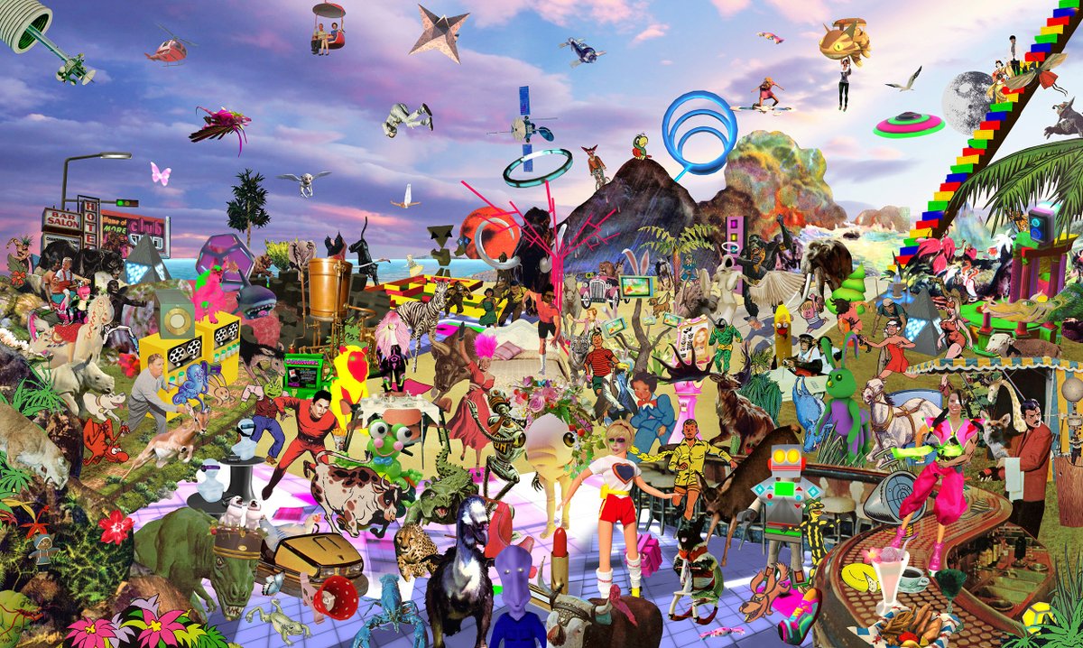 sanderlon's tweet photo. Collage setting I did for a startup called Stampede 🦄🦛 also the vibe I got while grocery shopping today 🍾🍭🏃‍♀️#QuarantineLife https://t.co/s96pVvl9or
