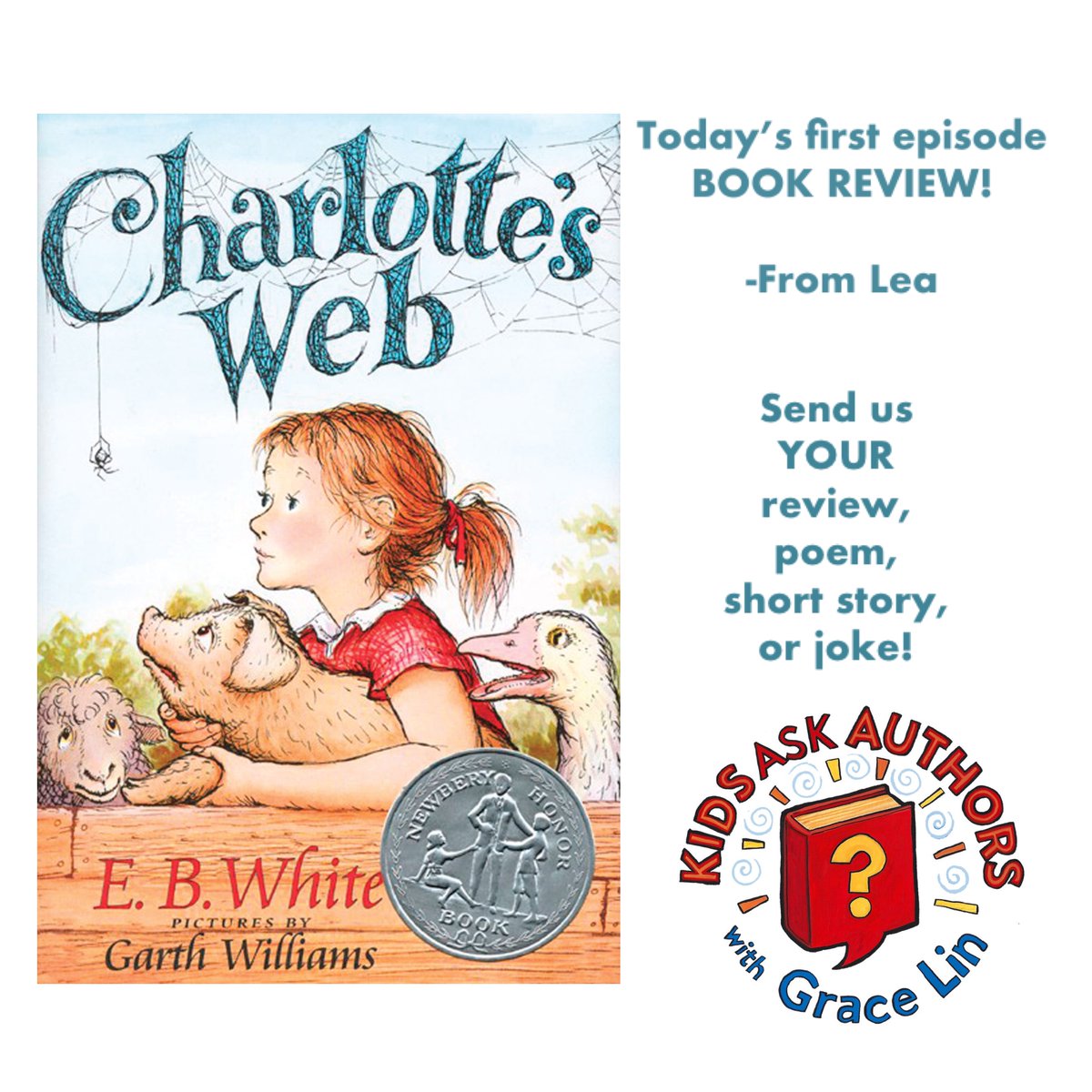 pacylin's tweet photo. On today’s 1st episode of the KAA podcast, a girl named Lea reads us her special book review on the classic novel Charlotte’s Web by E.B. White. Have your kids submit their book review, poem, short story or joke to https://t.co/6yAMiQnJcJ! #kidlitquarantine #cv19ReadAloud https://t.co/QK5g96RYIw