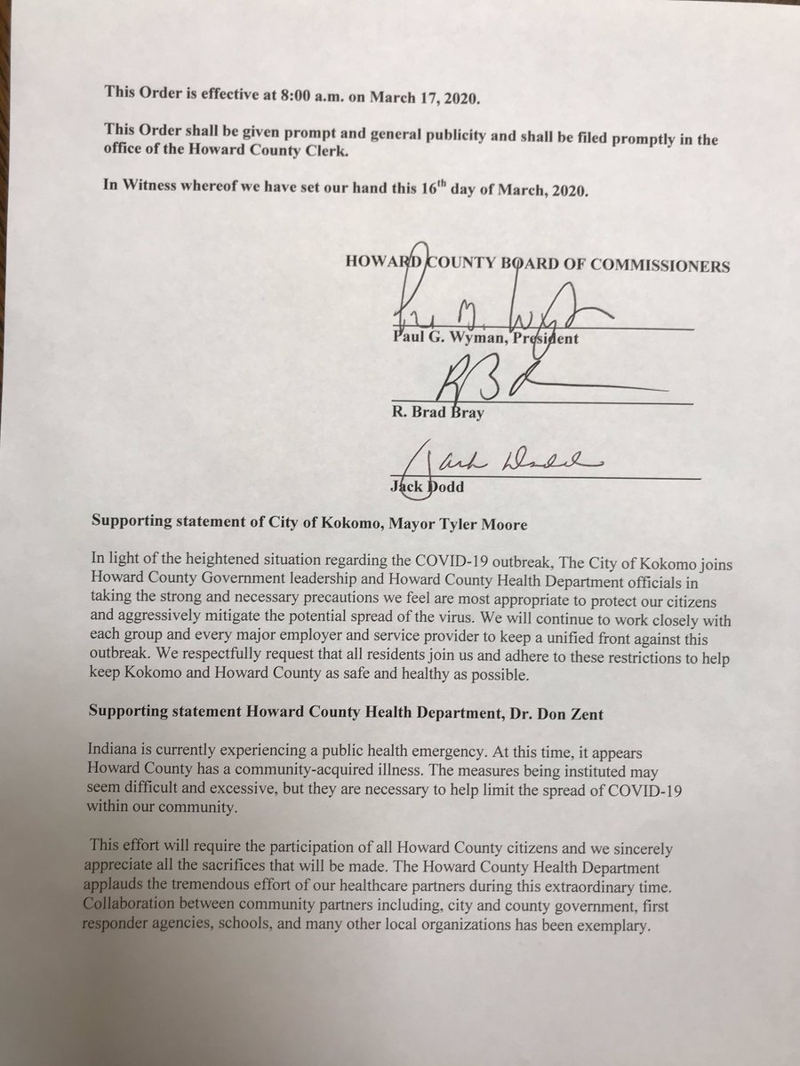 Please read HOWARD County Ordinance approved by Board of Commissioner’s at 4pm today, March 16, 2020.  Thank you to all residents for your cooperation and let’s be there for each other.  Kindness and helping our neighbors is who we are.