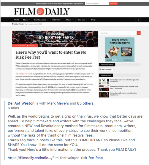 Thank you @FilmDailyNews for the great article and Support. Please like and RETWEET and We will do the same. #FilmmakersFirstFeesSecond #WrittenWordRespectBeforeFees #WeloveCreators #WeKnowYourValue