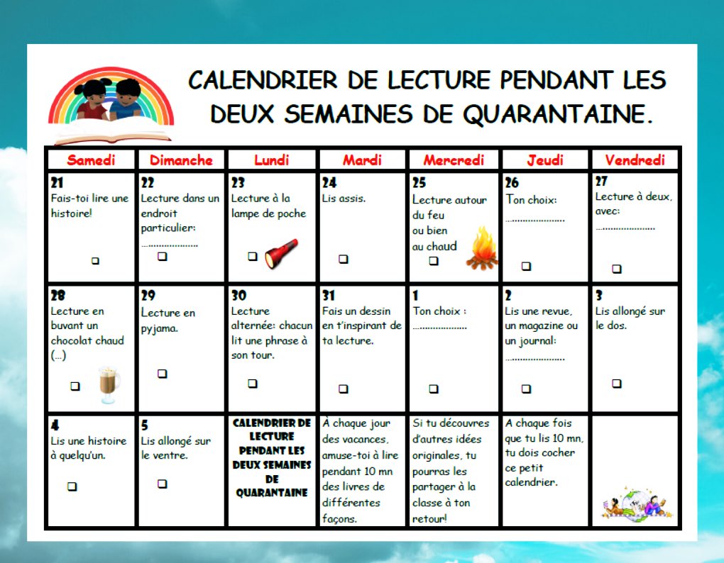 Pour ne pas perdre les acquis de nos jeunes lecteurs pendant la #quarantaine. Voici un petit calendrier de #lecture que je vais partager avec mes élèves. N’hésitez pas #enseignants à me donner vos💡Version modifiable sur mon blogue #laclassedeMadameFatima #ContinuitePédagogique