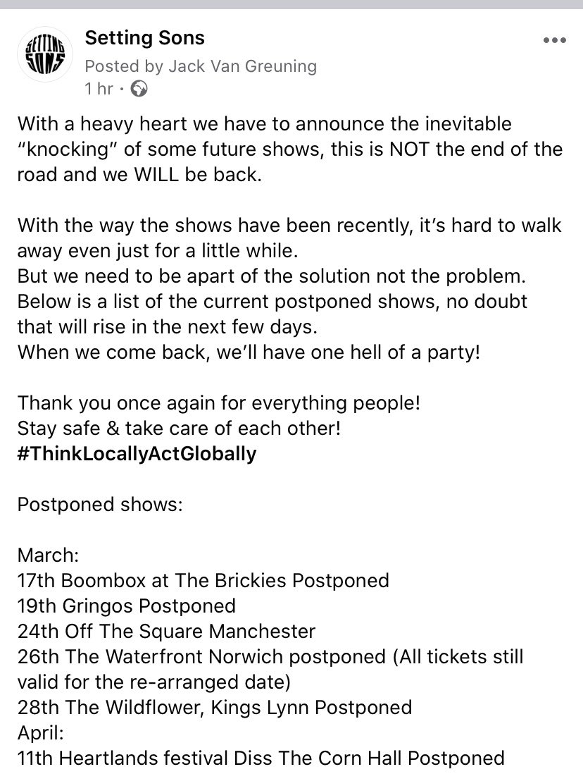 SonsSetting's tweet photo. Take care of yourselves and more importantly each other! We’ll be back soon enough!
#ThinkLocallyActGlobally https://t.co/WCVxM5mrqq