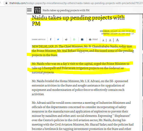 2000TDP(RS) MP ASKS IF CENTRE COULD PROPOSE POLAVARAM (AP) & ICCHAMPALLI (TG) AS NATIONAL PROJECTS.2001-TDP/CBN SEEK NATIONAL STATUSPOLAVARAM (AP) & ICCHAMPALLY (TG) WITH PM VAJPAYEE https://www.thehindu.com/todays-paper/tp-miscellaneous/tp-others/naidu-takes-up-pending-projects-with-pm/article27912746.ece