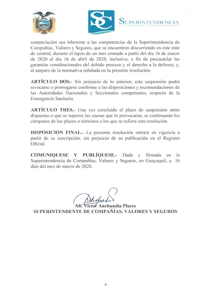 #IMPORTANTE 📢 @SuperciasEC DISPONE la suspensión de los plazos y términos de todos los procesos administrativos, coactivos, tributarios y de prescripción de la acción de cobro, durante el lapso de un mes (16/mar - 16/abr 2020). Documento completo 👉 bit.ly/38WG74v