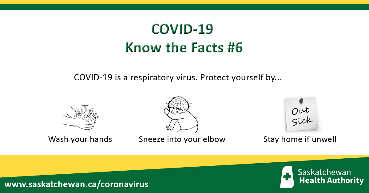 SaskHealth's tweet image. No symptoms of COVID-19 (fever, cough, difficulty breathing)? Then you do NOT need to be tested. Protect yourself:
▪ wash hands
▪ stay home when unwell
▪ cough/sneeze into elbow
▪ avoid touching your face
▪ disinfect common surfaces
▪ practice social distancing