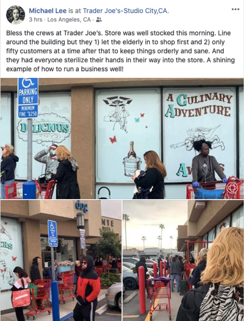 As a follower-up I saw a friend detail their fantastic experience at Trader Joes. TJs gets it! They aren't just talking the talk but really putting their customers and employees safety first. Truly a standout retailer in this time of crisis. #beinggoodhumans #retail #coronavirus