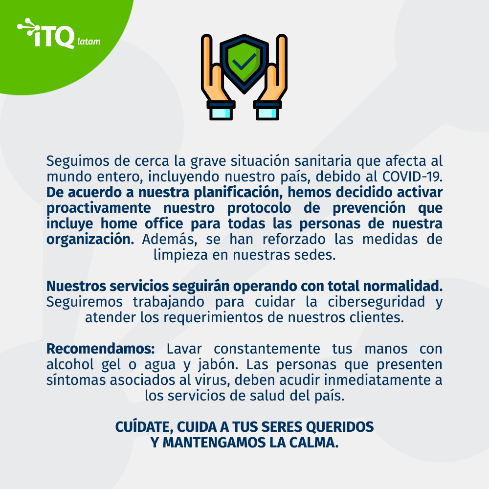 ITQ_Latam's tweet photo. COMUNICADO a toda nuestra comunidad #ITQlatam 
Reiteramos nuestro llamado a la prevención y a mantener la calma. 🙏

#coronavirus #prevención #quedateencasa #Chile https://t.co/G7V7LysDF3