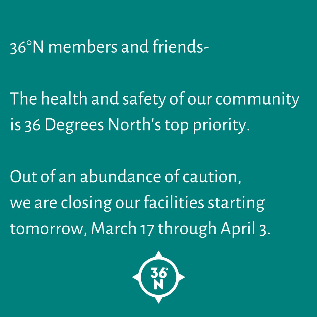 For the protection of 36°N and the broader community, we are closing our facilities starting tomorrow, March 17 through April 3. Temporary-access key fobs for weekdays 8 a.m. - 6 p.m. will be issued by member request. If you wish to receive a key fob, please contact our team.