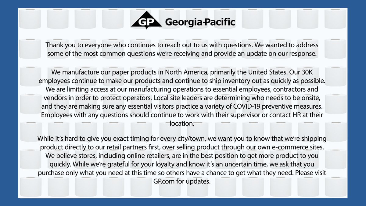GeorgiaPacific's tweet photo. Thanks for your continued patience. If you have questions, please continue to send us a DM. The most up to date information on our response can be found on https://t.co/natEOb9ot4: https://t.co/8LftPR4pDA https://t.co/xzOaYVwPGn