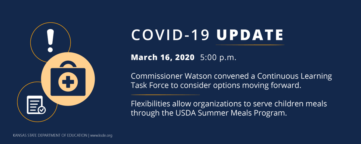 ksdehq's tweet photo. As things continually shift with COVID-19, we are offering the following updates as of 5 p.m. today, Monday, March 16:
•Kansas Commissioner of Education Dr. Randy Watson has convened a Continuous Learning Task Force to consider options as we move forward (continued in thread). https://t.co/WpScoO2TJe