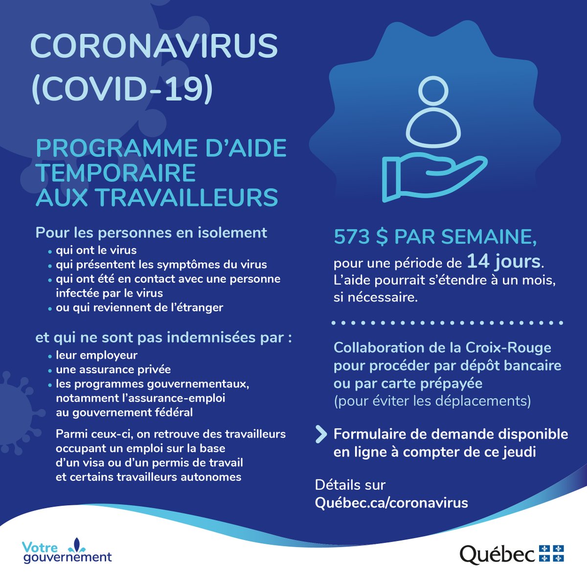 On annonce un nouveau programme d’aide financière pour nos travailleurs invités à se placer en isolement. 

L’objectif, c’est que personne n’hésite à s’isoler par peur de perdre leur revenu. 

Voici les détails 👇🏽