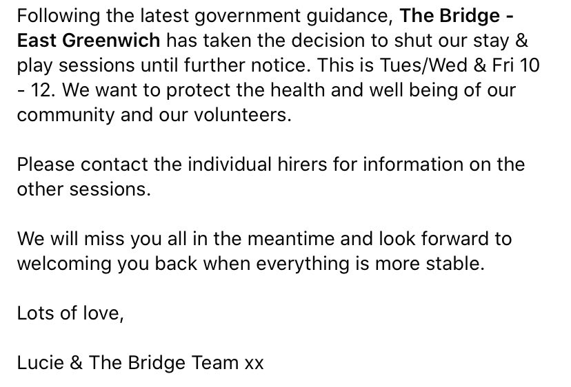Stay &amp; Play closures at <a href="/TheBridgeSE10/">The Bridge East Greenwich CIC</a>