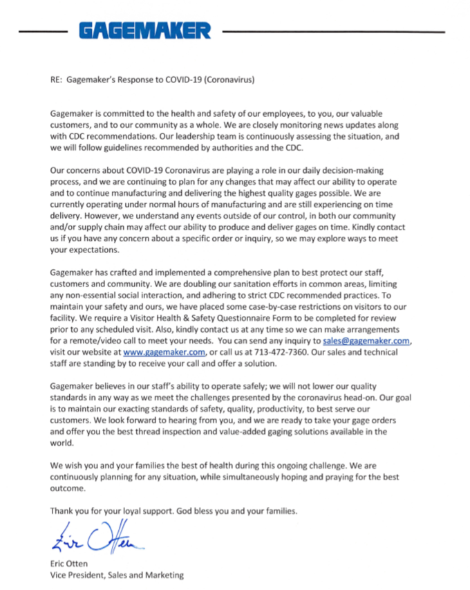 gagemaker's tweet photo. Customers and interested parties of @gagemaker : please read the message below concerning our response to #COVID19 https://t.co/UPfPfAtd80