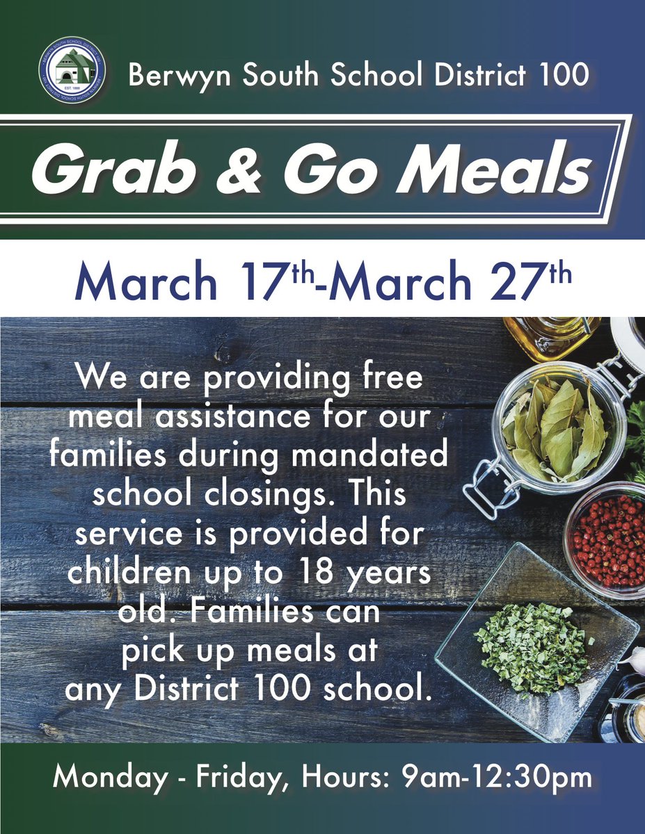 BerwynSouth100's tweet photo. Berwyn South School District 100 will be providing free meal assistance for families during mandated school closures. This service is provided for children up to 18 years of age and is available at all of our school sites. https://t.co/vzrpjOi9RZ