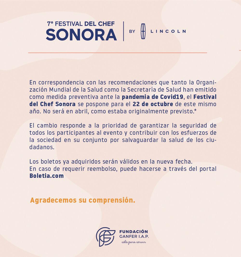 ⚠️ ATENCIÓN ⚠️
Atendiendo a recomendaciones de la OMS y la Secretaria de Salud, el Festival del Chef Sonora se pospone hasta el 22 de octubre.
<a href="/SonoraFestChef/">Festival del Chef Sonora</a> <a href="/FundacionGanfer/">Fundación Ganfer</a>