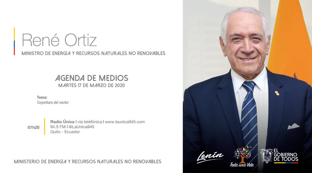 ✔AGENDA DE MEDIOS 📋📻 | Este 17 de marzo a partir de las 07h20, no se pierda la entrevista al Ministro René Ortiz por @LaUnica945, donde tratará temas relacionados al sector energético. #EnergíaParaElDesarrollo