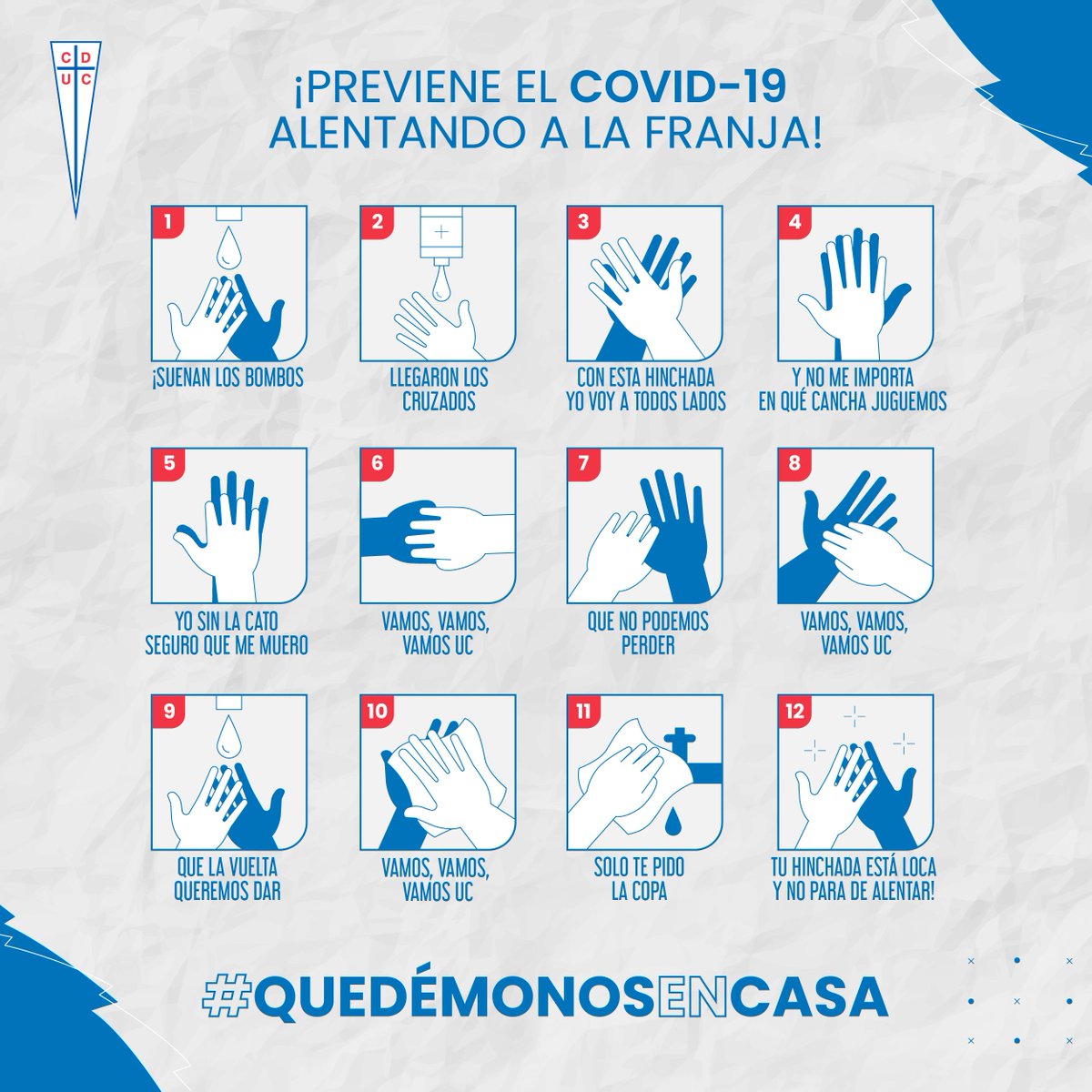 Cruzados's tweet photo. ¡Prevenir el #Covid19 es tarea de todos! 🙌
Así que lávate periódicamente las manos con jabón 🤝🧼💧 mientras en tu cabeza suena este temazo:
🎶 ¡Suenan los bombos, llegaron #LosCruzados...! 🎶

#QuedémonosEnCasa https://t.co/eRCa0UyZyI