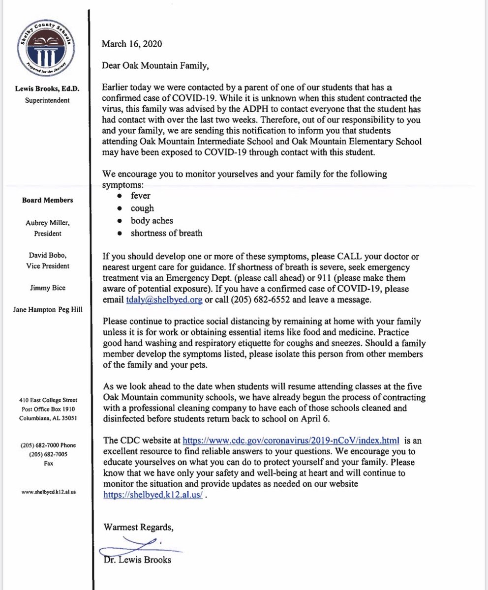 ABC 33/40 just reported (on our 4:00 news) that a student at Oak Mountain Intermediate School in Shelby County has tested positive for COVID-19. A letter has been sent to parents by email to inform them. Watch our news for more details… we are on through 6:30.