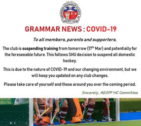 GRAMMAR NEWS: COVID-19
To all members, parents &amp; supporters, 
The club is suspending training from tomorrow (17th Mar) and potentially for the foreseeable future. We will keep you updated on any club changes.
Please take care of yourself &amp; those around you over the coming period.